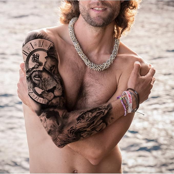 🦁🐺 Unleash Your Inner Beast! Fierce Lion & Wolf Temporary Tattoo Sleeves