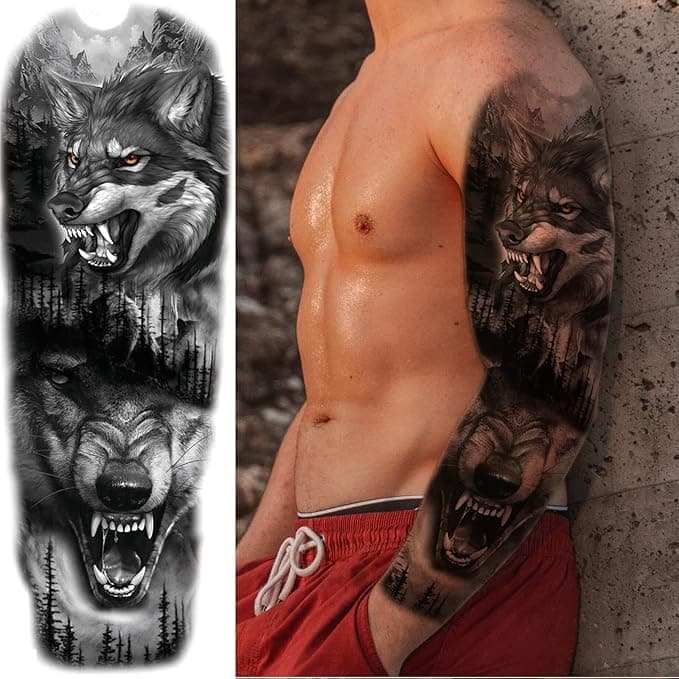 🦁🐺 Unleash Your Inner Beast! Fierce Lion & Wolf Temporary Tattoo Sleeves