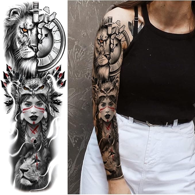 🦁🐺 Unleash Your Inner Beast! Fierce Lion & Wolf Temporary Tattoo Sleeves