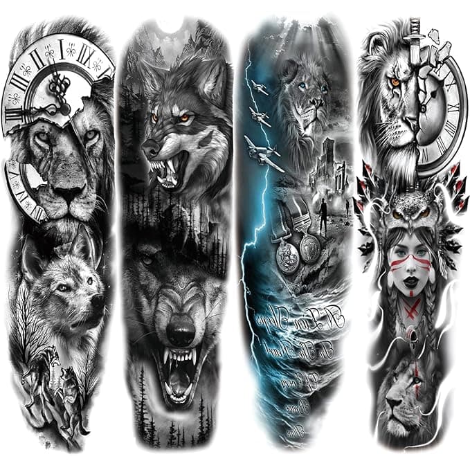 🦁🐺 Unleash Your Inner Beast! Fierce Lion & Wolf Temporary Tattoo Sleeves
