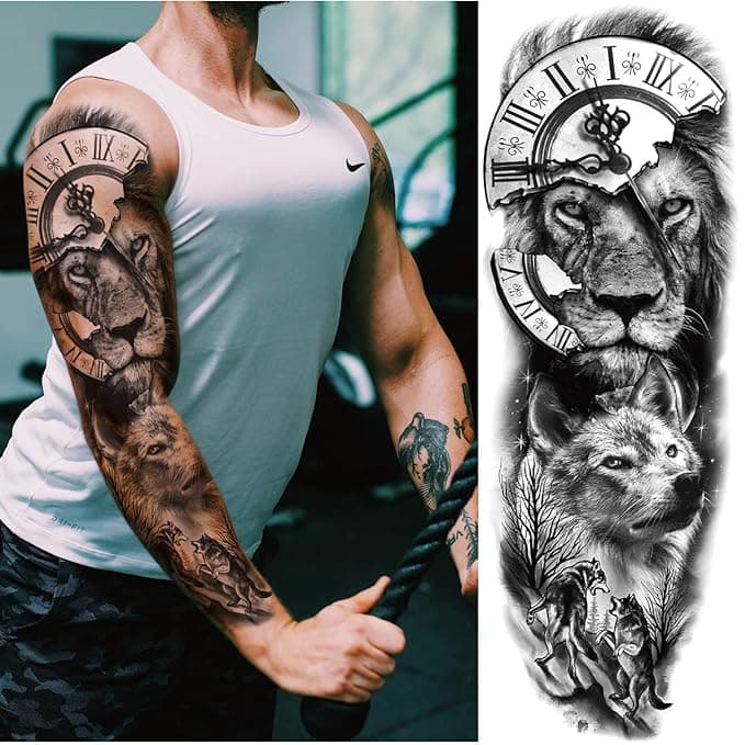 🦁🐺 Unleash Your Inner Beast! Fierce Lion & Wolf Temporary Tattoo Sleeves