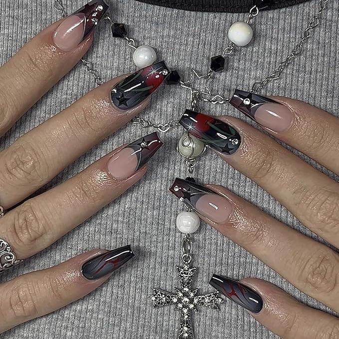 Y2K Goth Nails: 🖤 French Tip Coffin Fake Nails